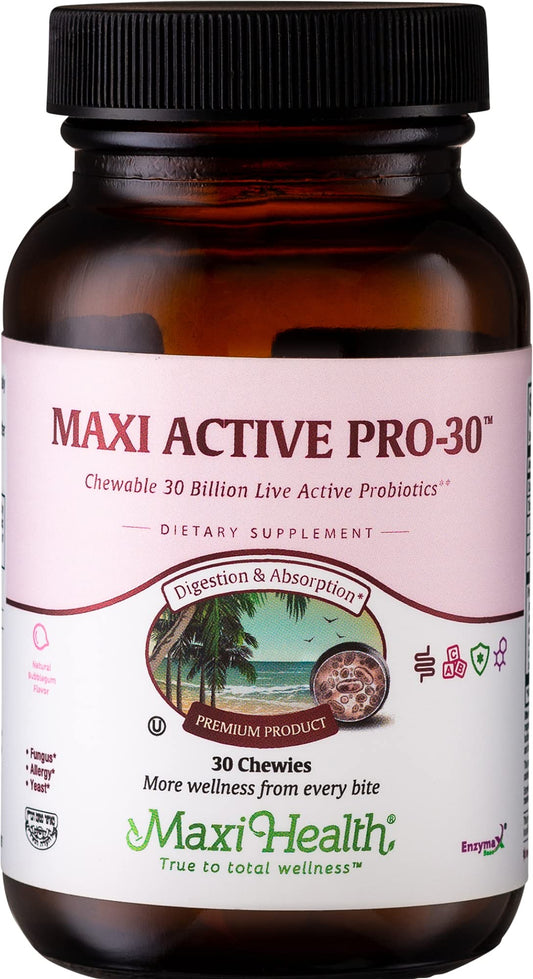 Maxi Active Pro-30 bubblegum tablet for kids supports daily digestion.
