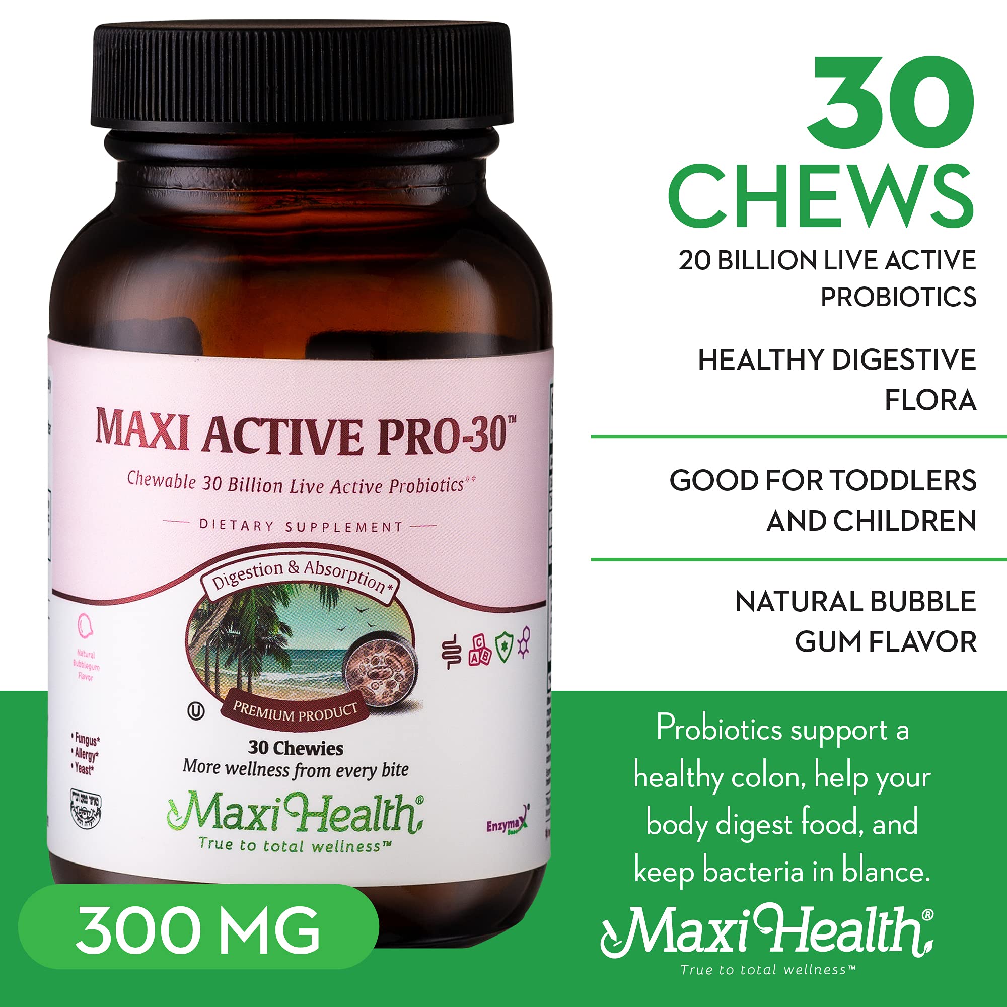 Close-up of Maxi Active Pro-30 chewable with kid-friendly bubble gum flavor.