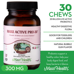 Close-up of Maxi Active Pro-30 chewable with kid-friendly bubble gum flavor.