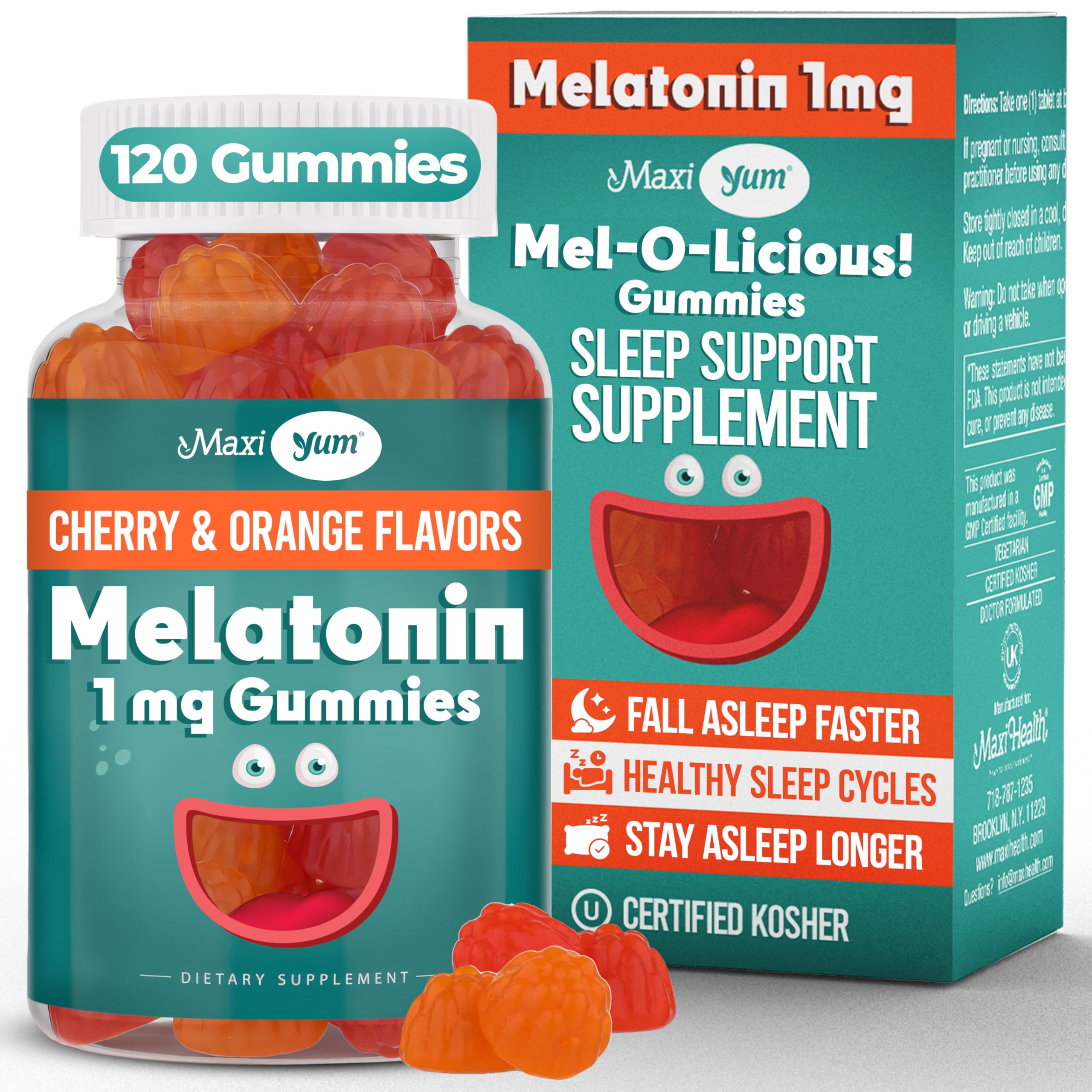 Maxi Health 1mg melatonin gummies cherry flavor for gentle bedtime routines.