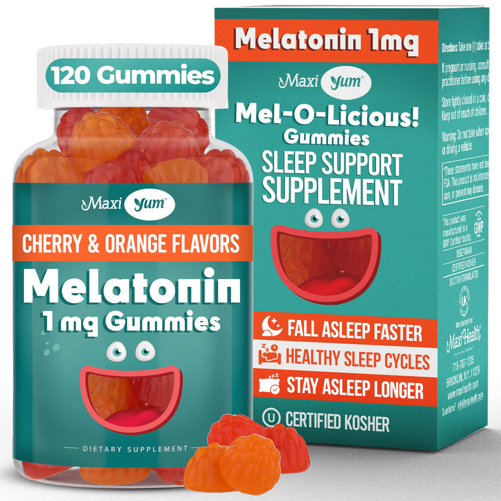Maxi Health 1mg melatonin gummies cherry flavor for gentle bedtime routines.