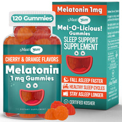 Maxi Health 1mg melatonin gummies cherry flavor for gentle bedtime routines.