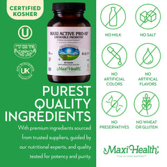 Maxi Health Active Pro-10 label detail with 15 strains illustration.