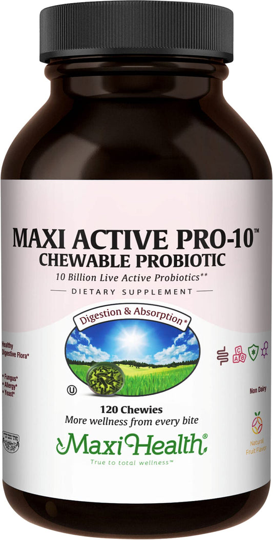 Maxi Health Active Pro-10 Kids probiotic chewables bottle supports daily gut balance
