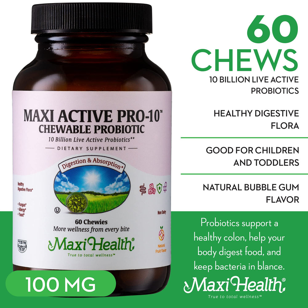 Maxi Health Active Pro-10 vegetarian probiotic chewables, gluten-free and plant-based.