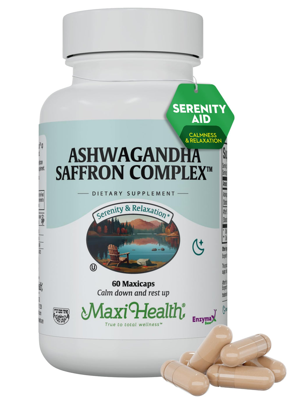 Maxi Health Ashwagandha-Saffron capsules bottle for daily stress support