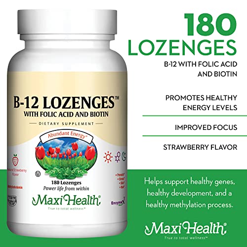 Maxi Health B12 lozenges bottle label highlighting methylcobalamin.