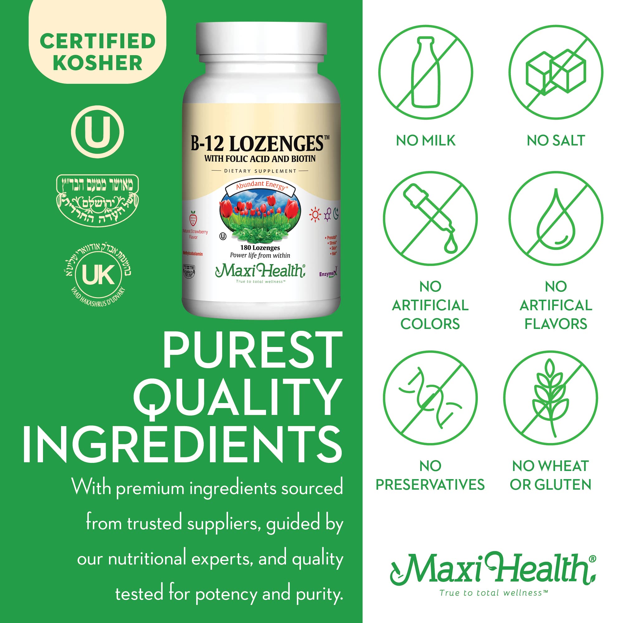 Maxi Health B12 lozenges made in USA manufacturing badge on bottle.