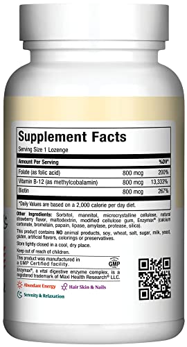 Maxi Health B12 lozenges strawberry dissolving in mouth for daily energy support