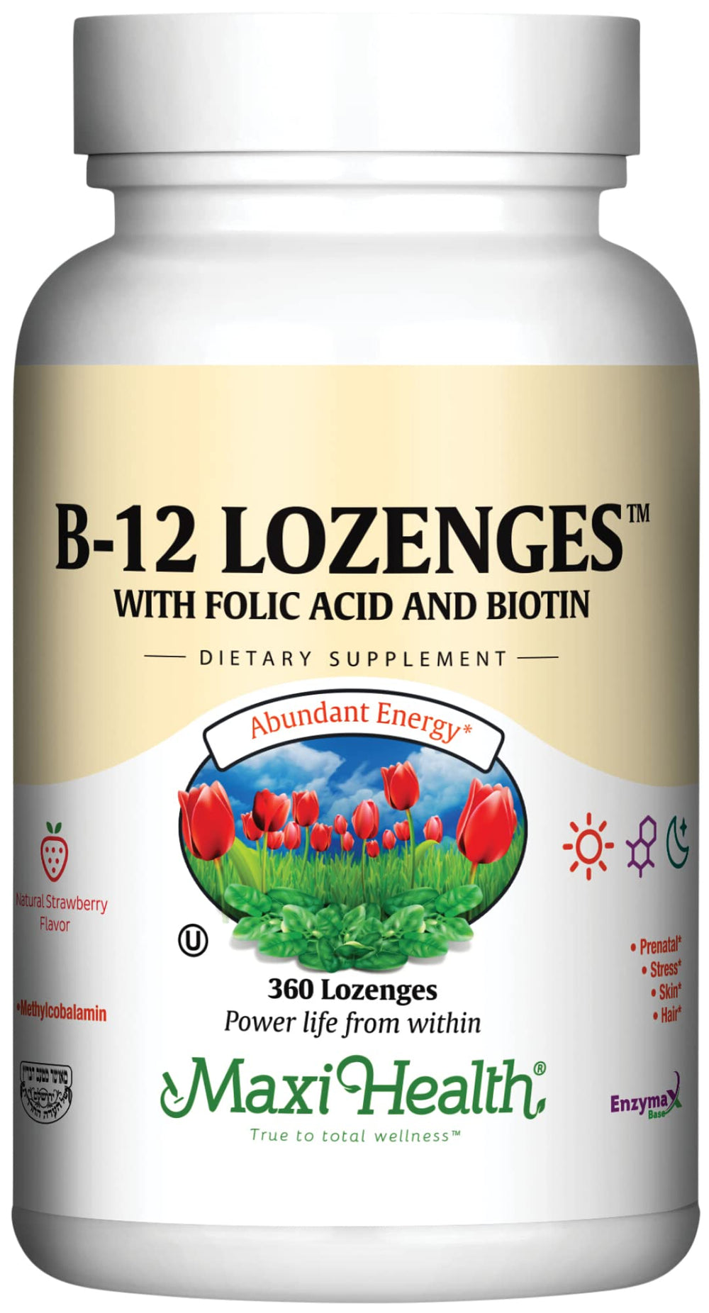 Maxi Health B12 lozenges strawberry front view highlighting flavor and absorption