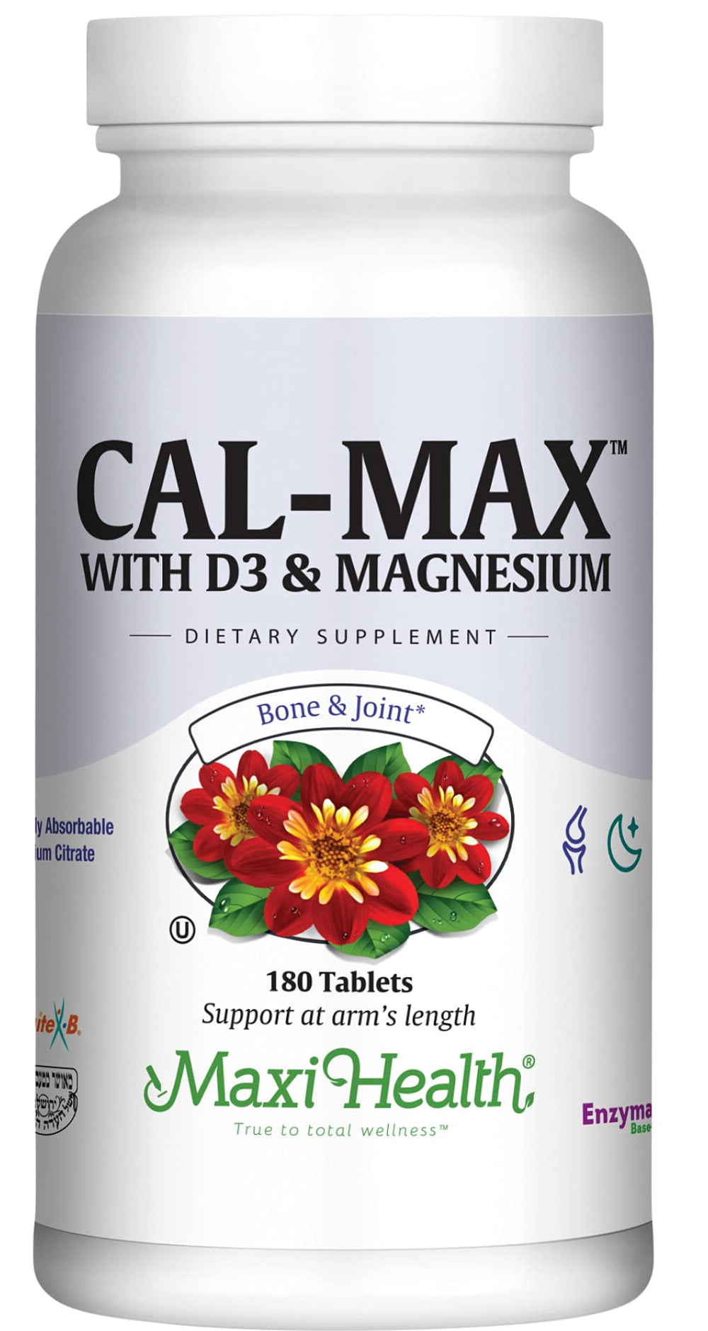 Maxi Health Cal Max bottle front view highlighting 180-tablet supply for daily bone support.