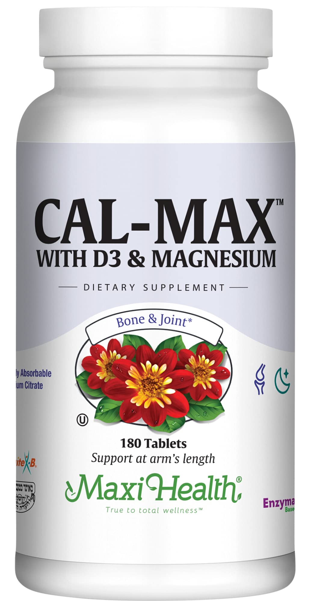 Maxi Health Cal Max bottle front view highlighting 180-tablet supply for daily bone support.