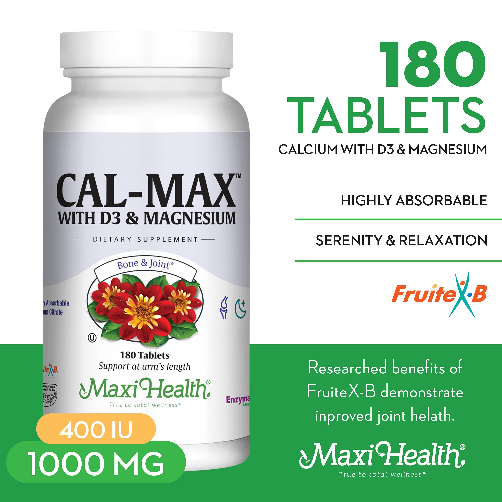 Maxi Health Cal Max tablets close-up showing calcium and magnesium for bone and joint health.