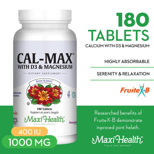 Maxi Health Cal Max tablets close-up showing calcium and magnesium for bone and joint health.