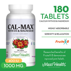 Maxi Health Cal Max tablets close-up showing calcium and magnesium for bone and joint health.