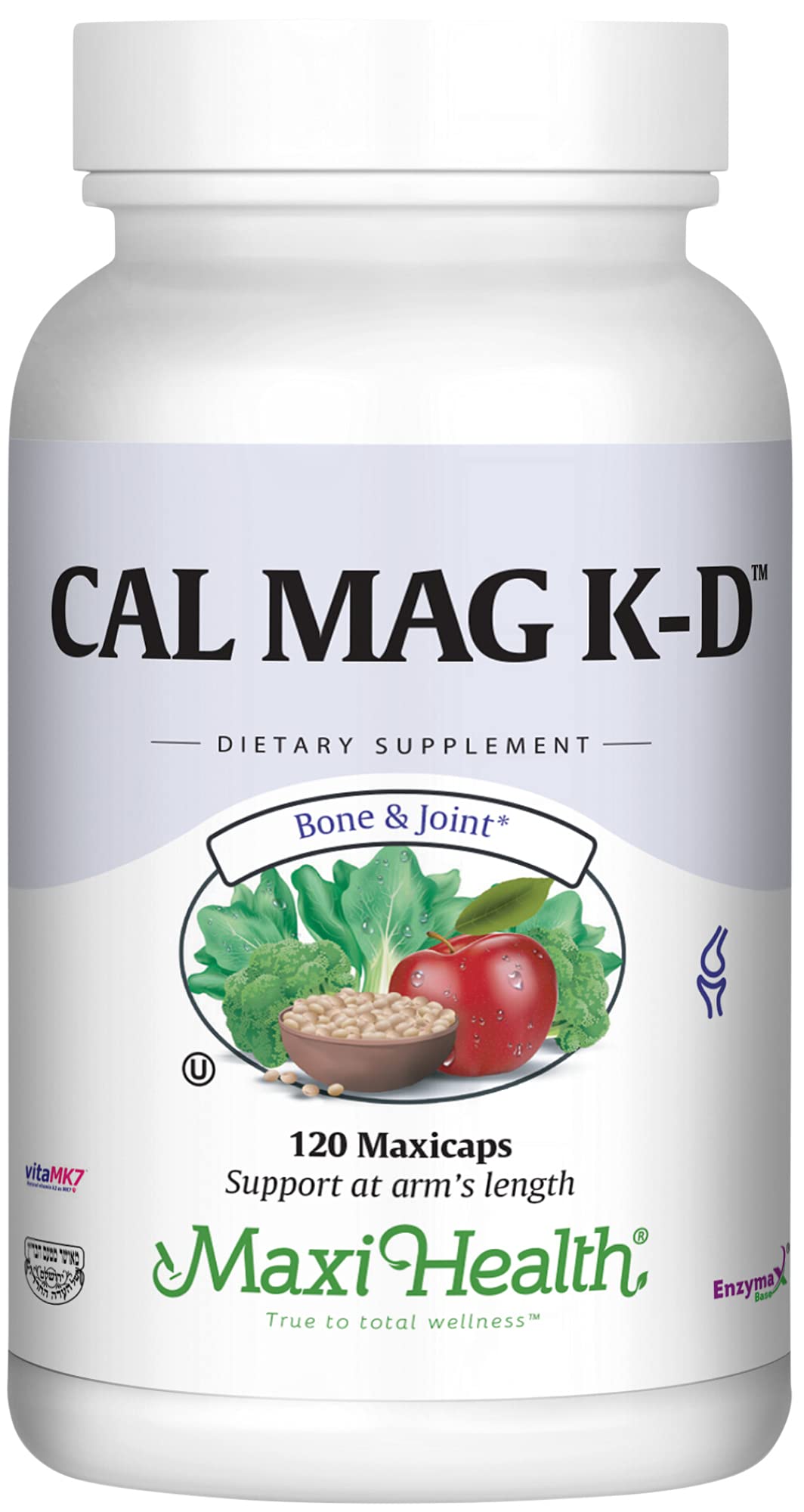 Maxi Health calcium-d3-k2-magnesium bottle for daily bone support.