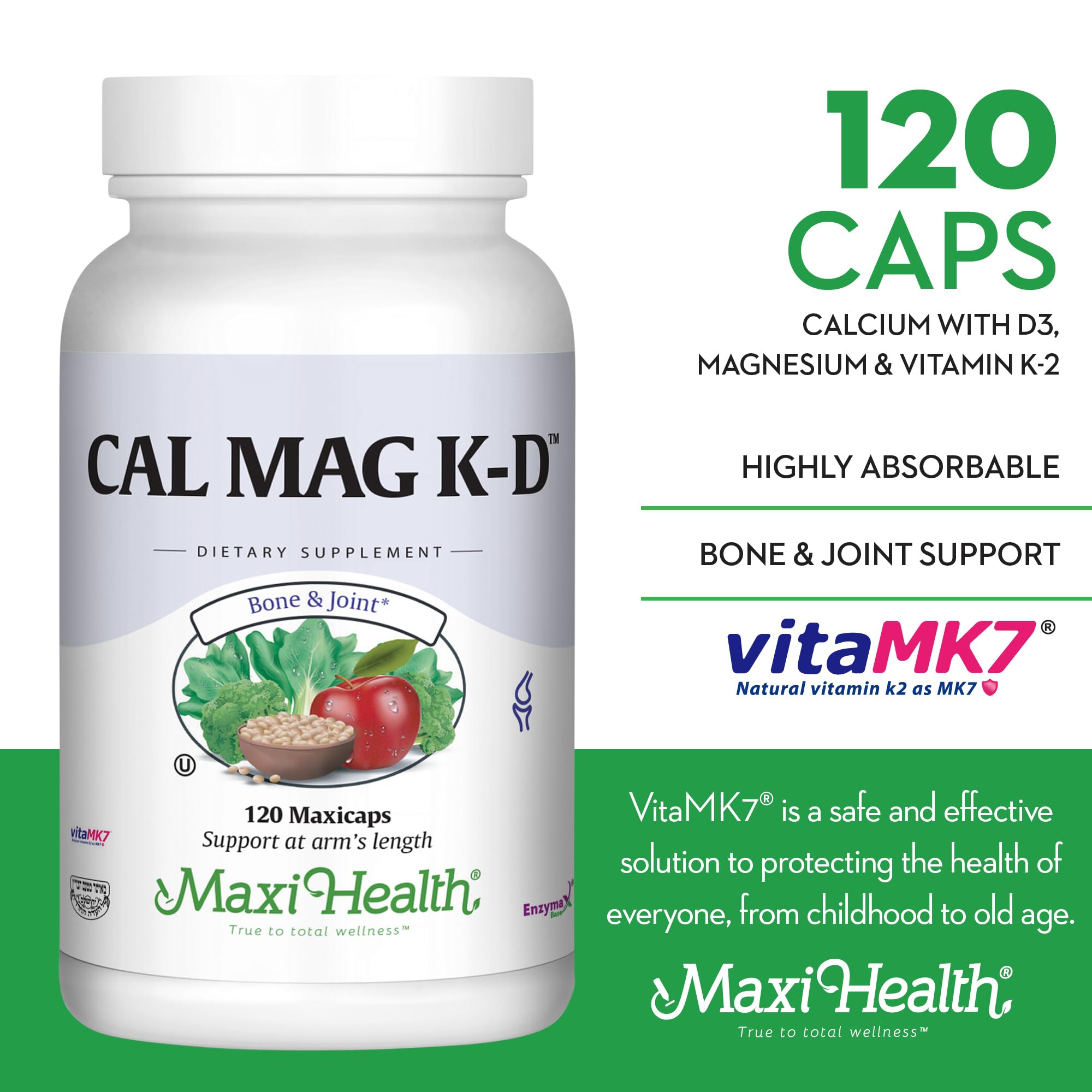 Maxi Health bottle label closeup showing calcium and vitamin blend.