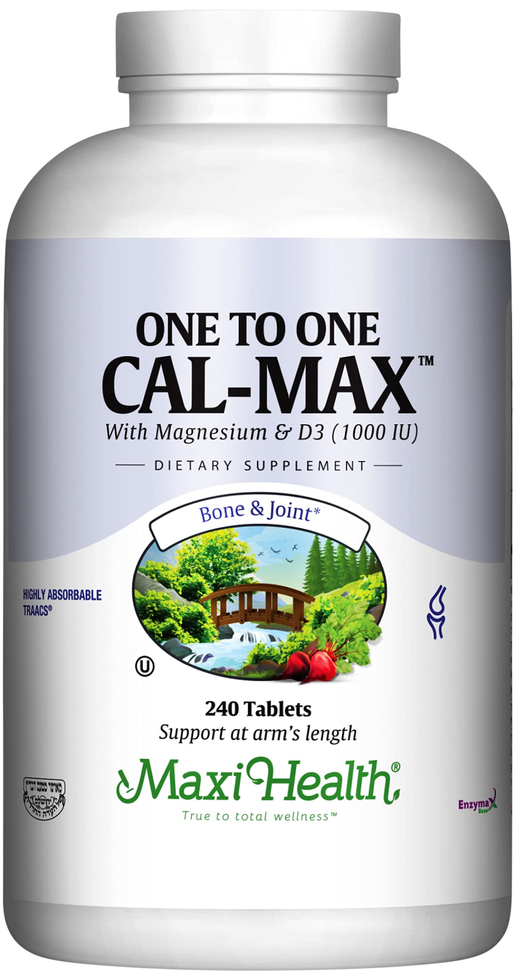 Maxi Health calcium supplement tablets on bottle for bone support.