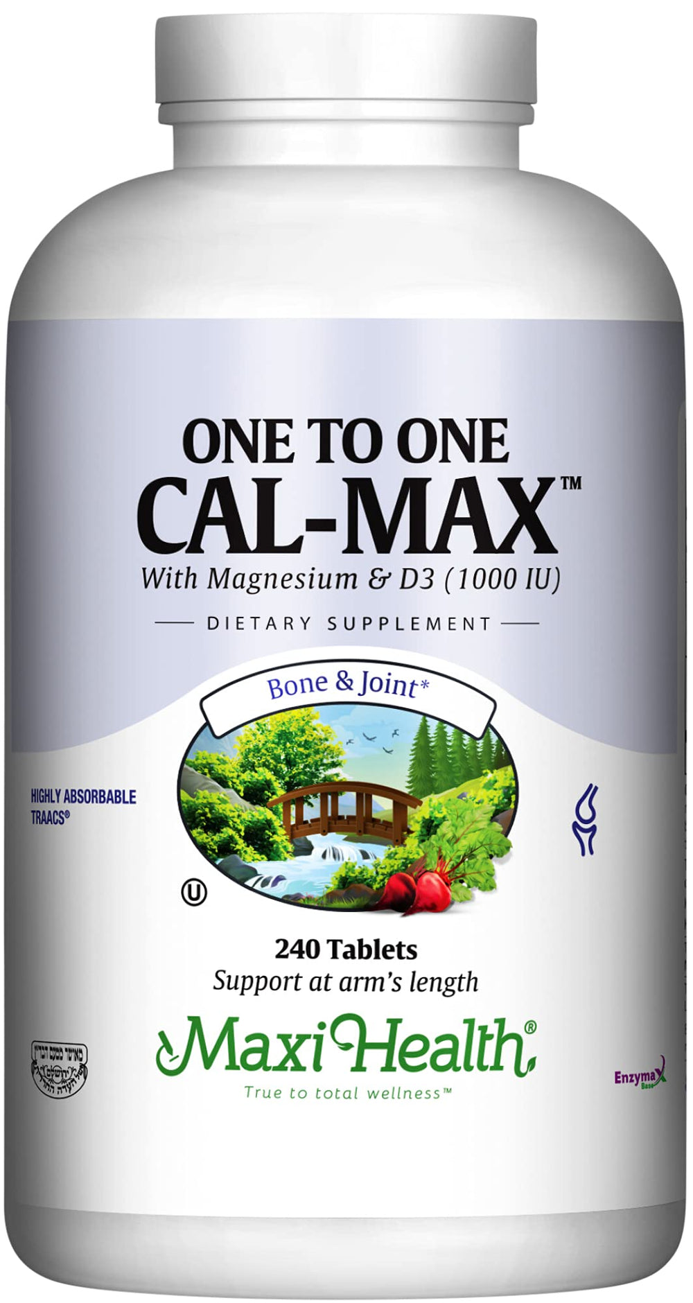 Maxi Health calcium supplement tablets on bottle for bone support.