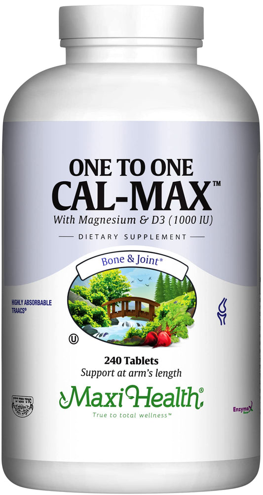 Maxi Health calcium supplement tablets on bottle for bone support.