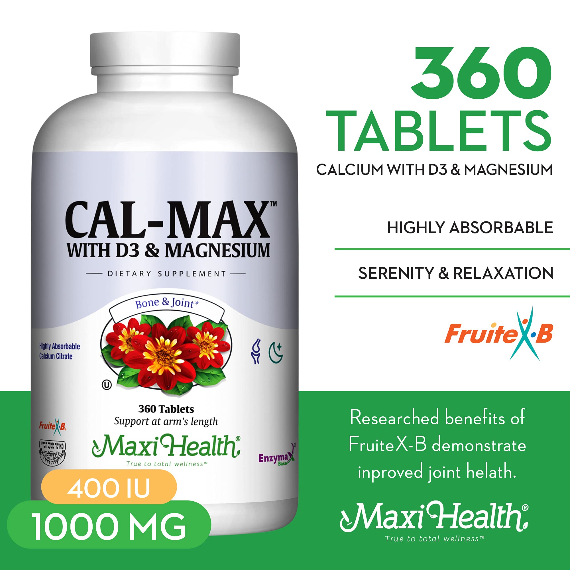 Maxi Health calcium tablets close-up showing rounded pills for joint and bone health