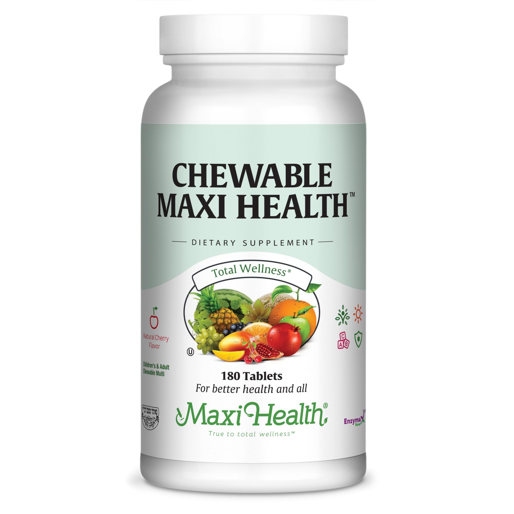 Maxi Health cherry chewable multivitamin bottle for family daily use