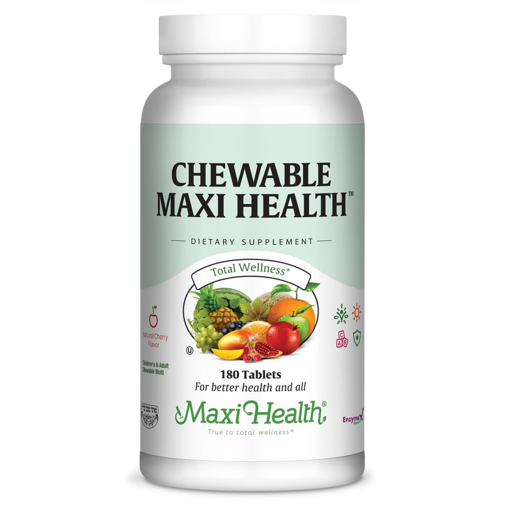 Maxi Health cherry chewable multivitamin bottle for family daily use