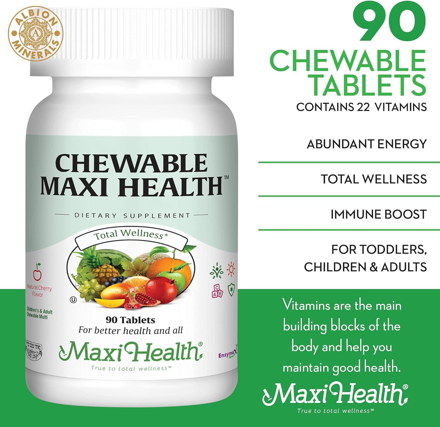 Maxi Health cherry kids-chewables help growing children meet daily vitamin needs