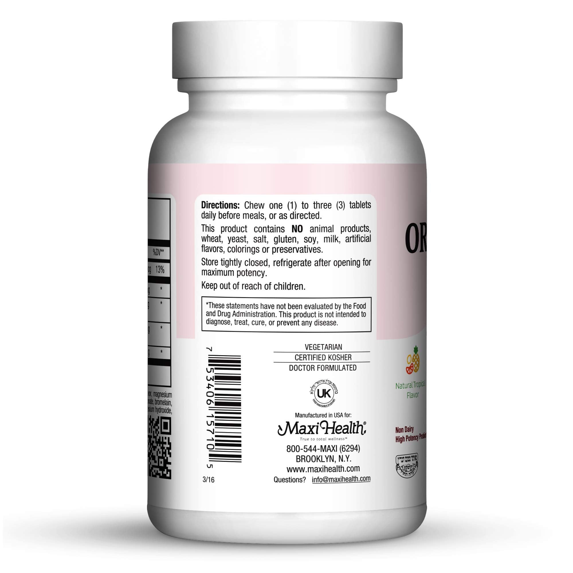Maxi Health Oraldophilus non-dairy probiotic ingredients and packaging for quality.