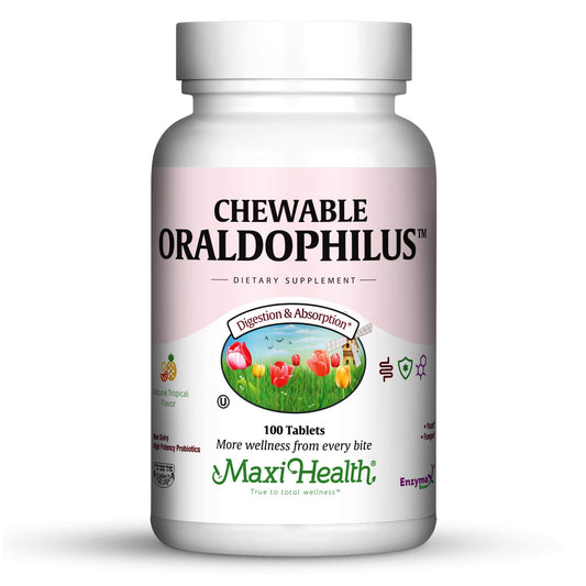 Maxi Health Chewable Oraldophilus bottle with tropical flavor supporting daily digestion.