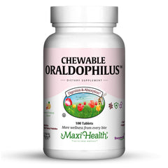Maxi Health Chewable Oraldophilus bottle with tropical flavor supporting daily digestion.