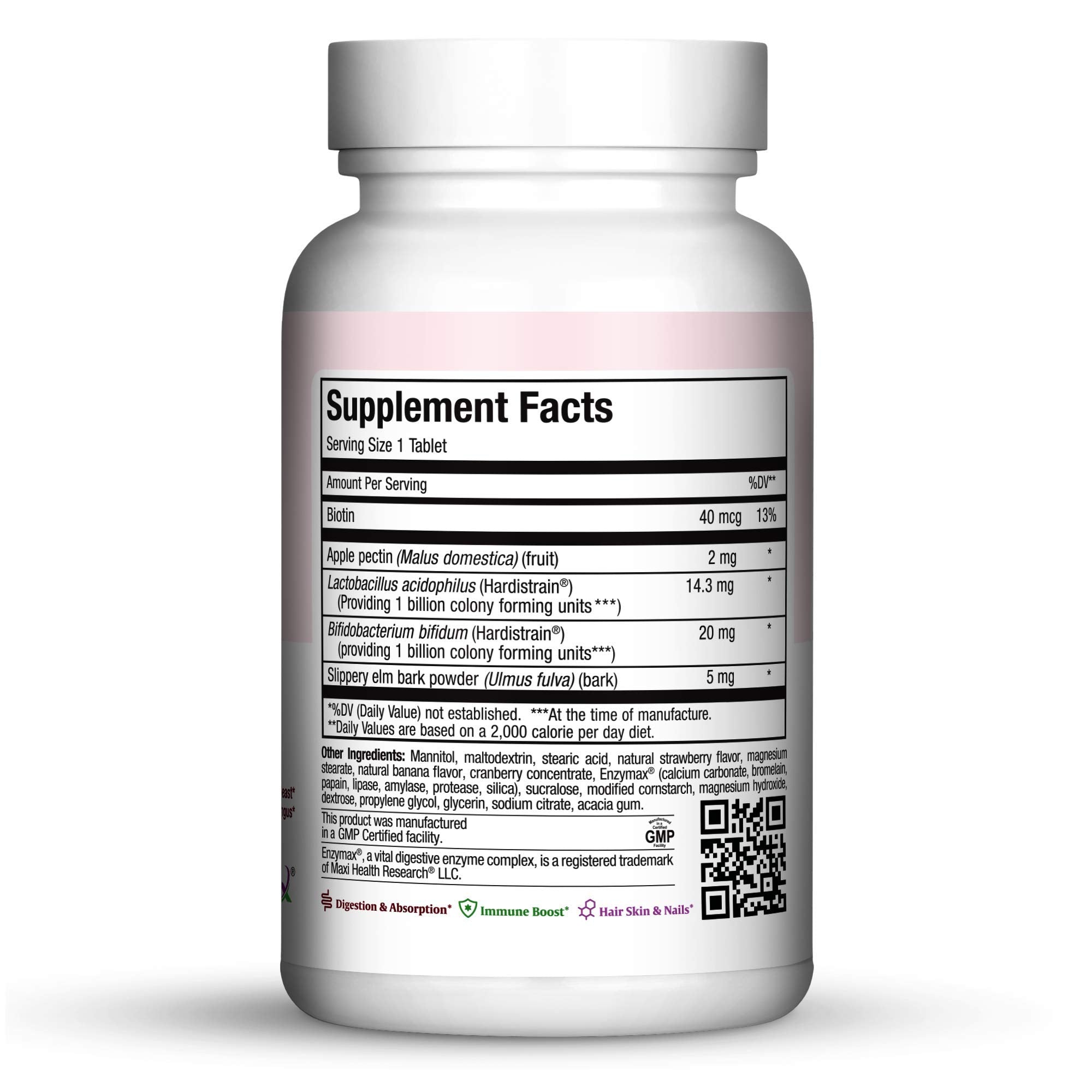 Maxi Health Oraldophilus chewables close-up highlighting child-friendly tropical flavor.