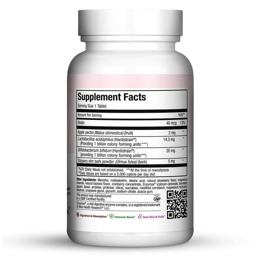 Maxi Health Oraldophilus chewables close-up highlighting child-friendly tropical flavor.