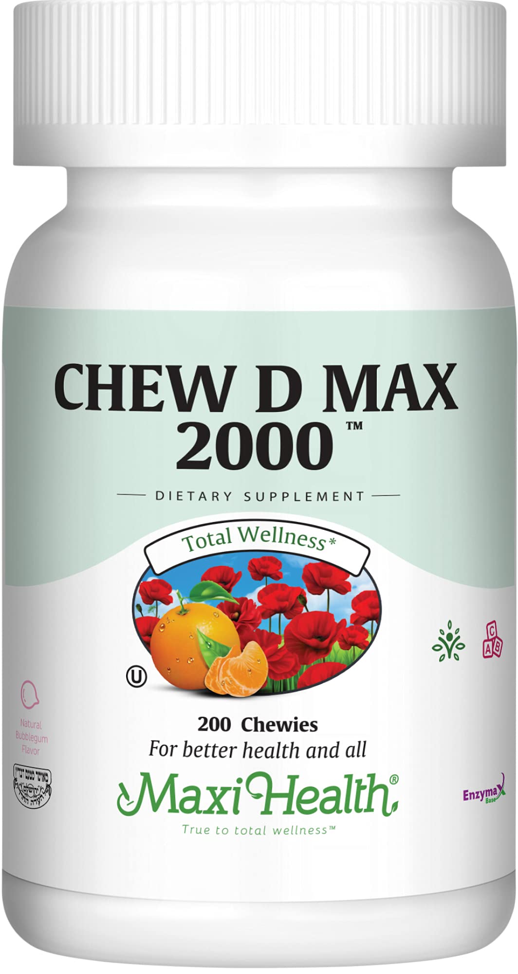 Maxi Health Vitamin D3 2000 IU bubble gum chewable tablet supports calcium absorption.