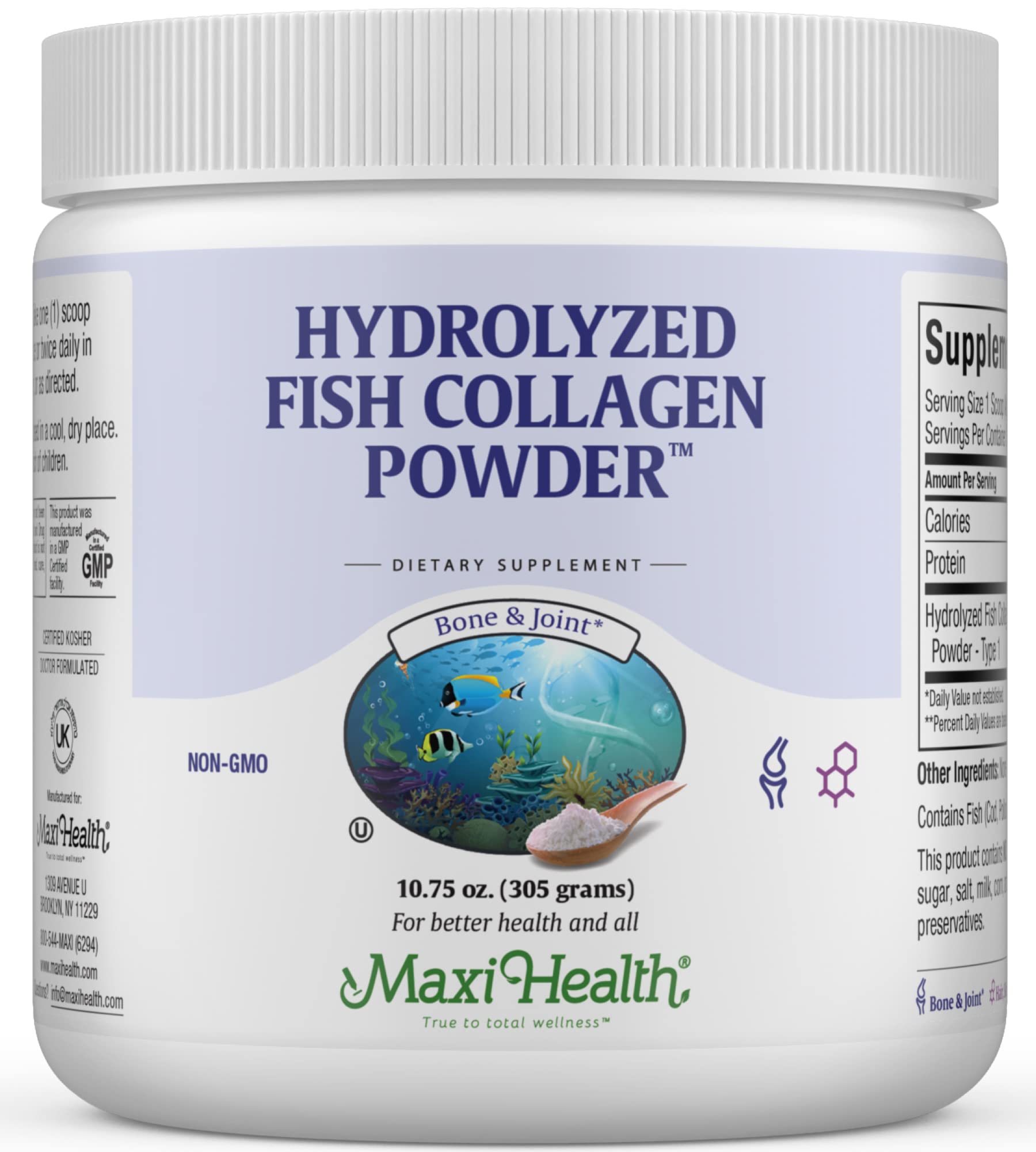 Maxi Health collagen powder tub front shows marine Type I formula for joints and skin