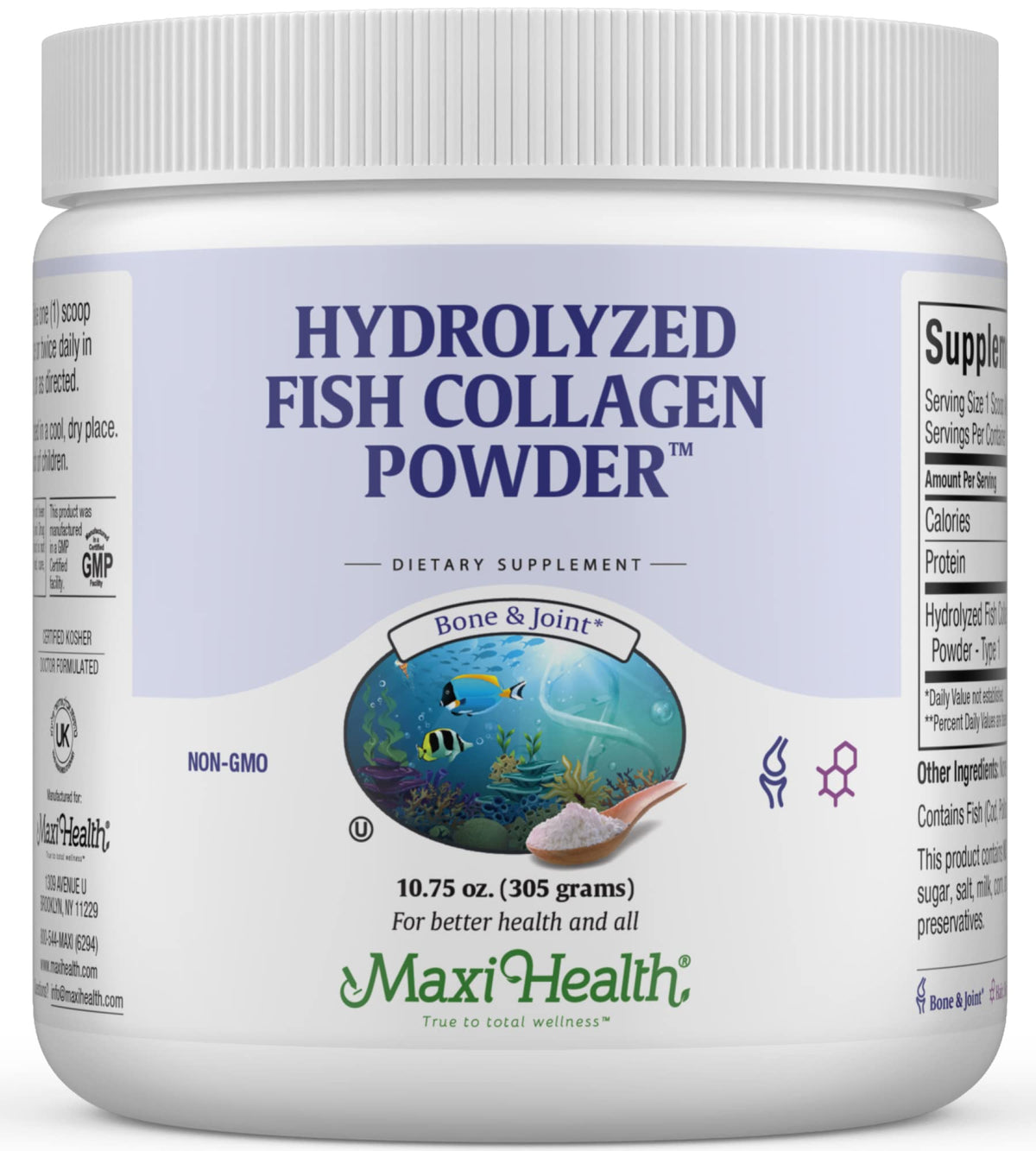 Maxi Health collagen powder tub front shows marine Type I formula for joints and skin