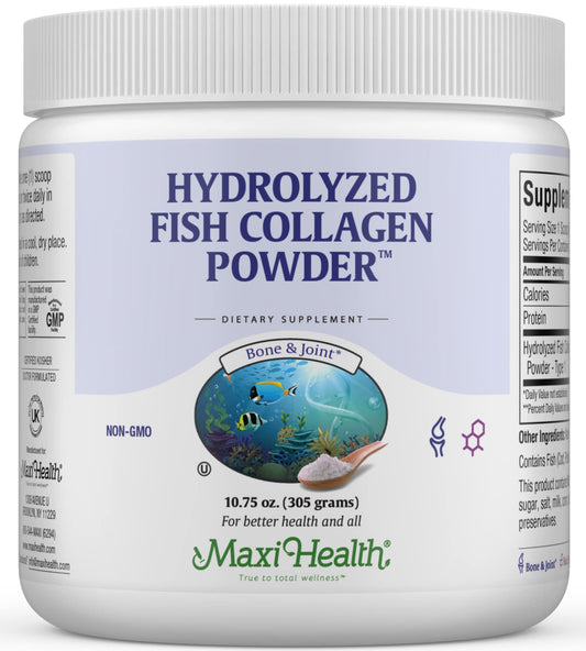 Maxi Health collagen powder tub front shows marine Type I formula for joints and skin