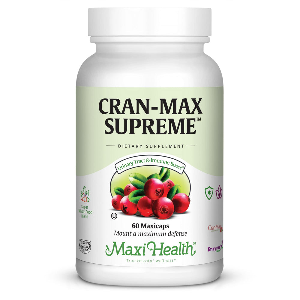 Maxi Health Cran-Max Supreme bottle showing urinary wellness benefits