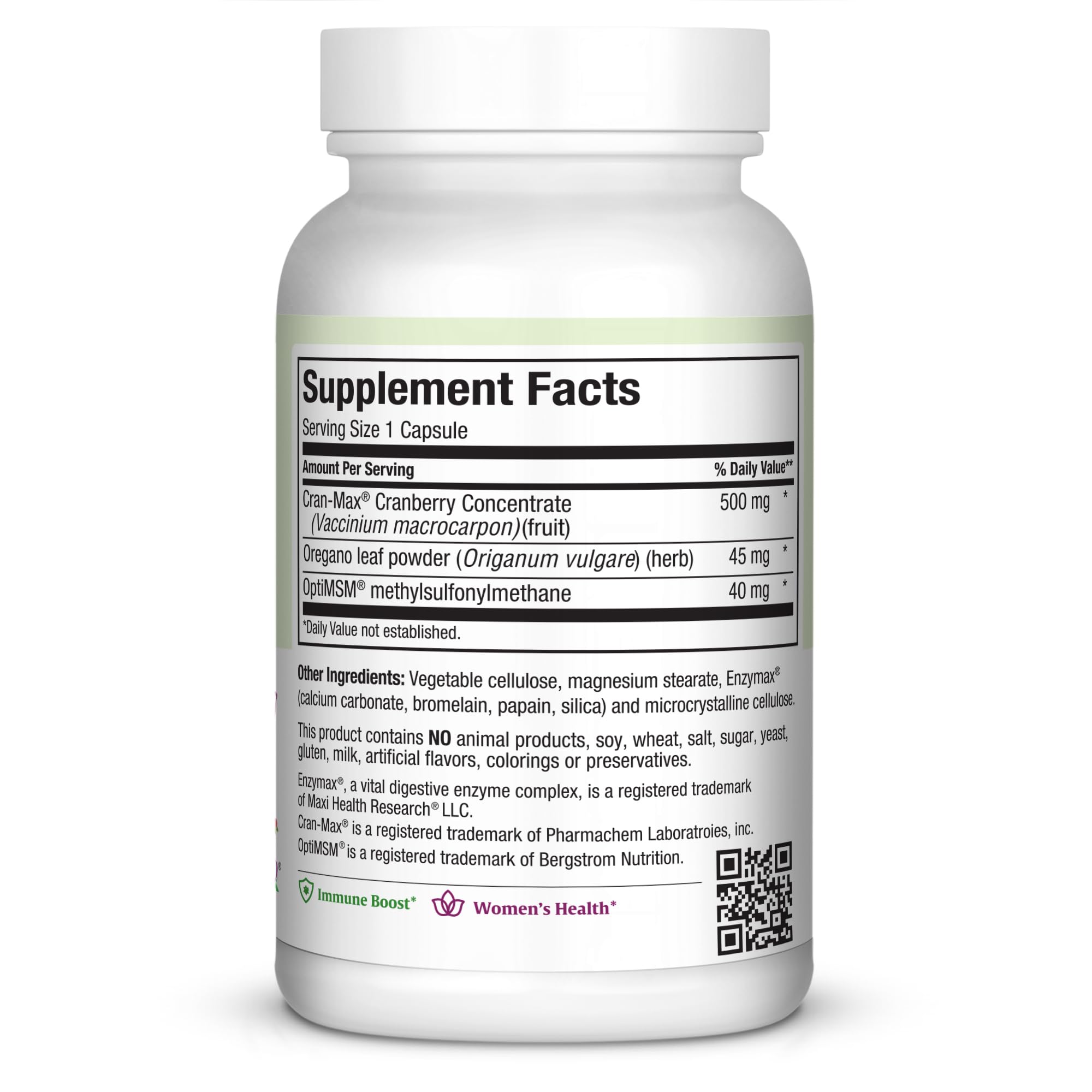 Maxi Health cranberry extract bottle – immune support with MSM and oregano.