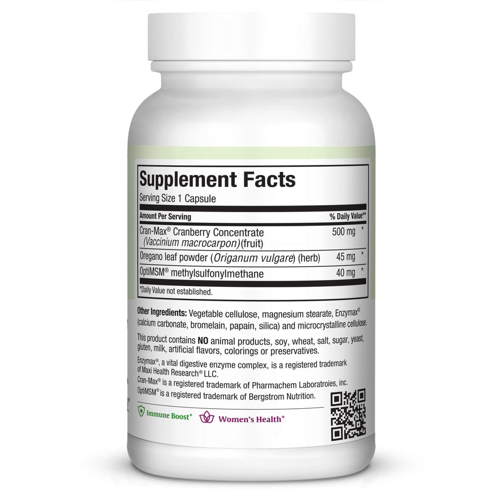 Maxi Health cranberry extract bottle – immune support with MSM and oregano.