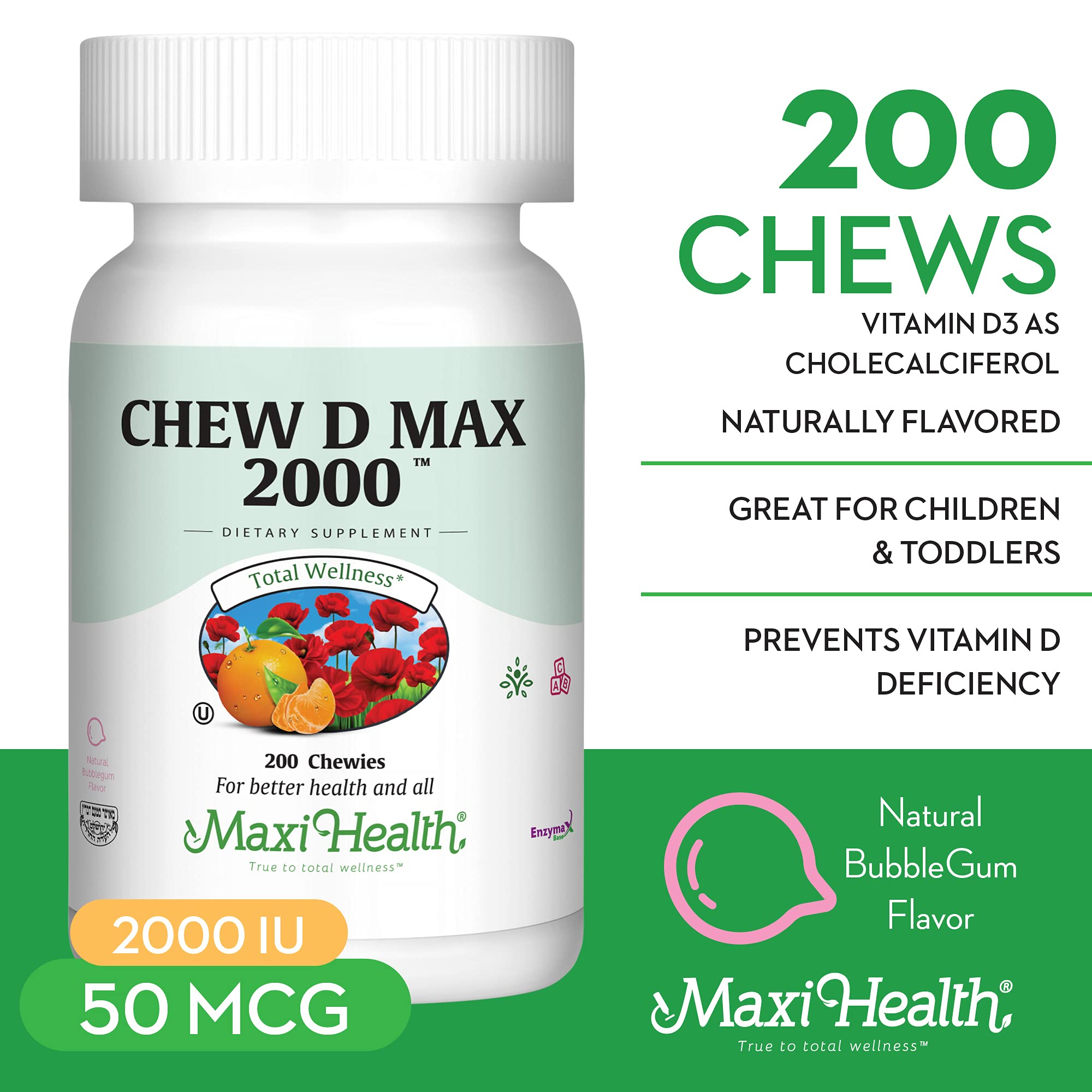 Child-friendly Maxi Health vitamin D3 bubble gum chews for daily vitamin intake.