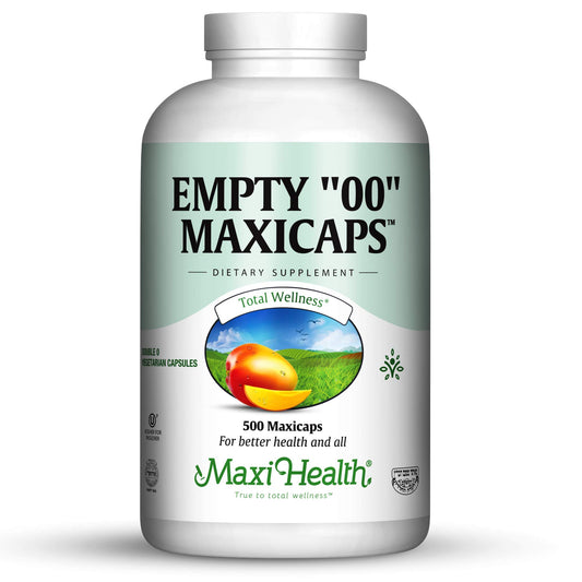 Maxi Health Empty 00 capsules bottle front, ideal for DIY supplement blends.