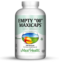 Maxi Health Empty 00 capsules bottle front, ideal for DIY supplement blends.