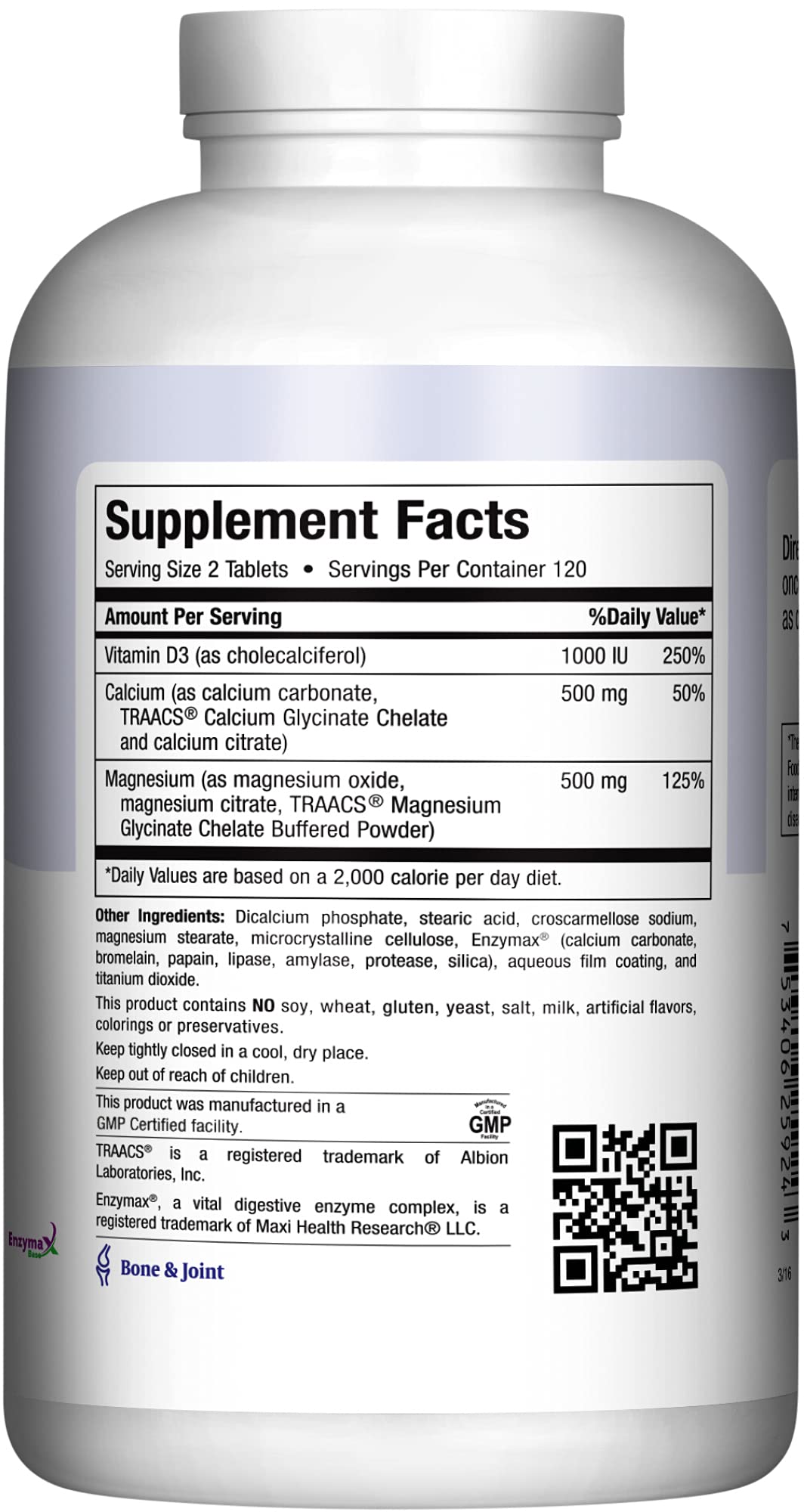 Maxi Health Enzymax digestive enzyme complex label close-up for absorption.