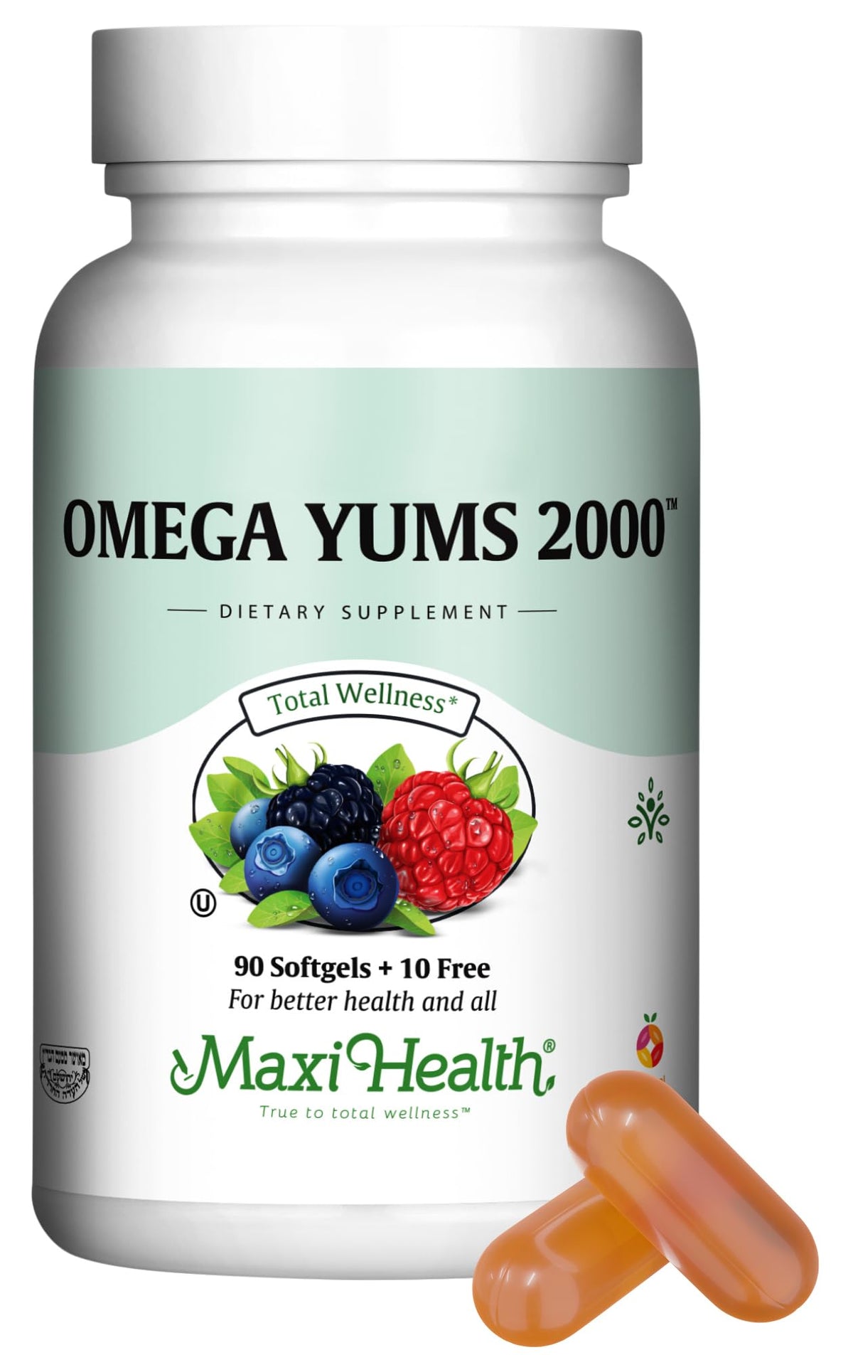 Maxi Health Fish Oil 2000mg bottle front with Fruity Burst softgels for daily wellness.