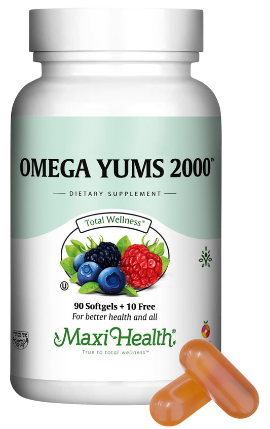 Maxi Health Fish Oil 2000mg bottle front with Fruity Burst softgels for daily wellness.