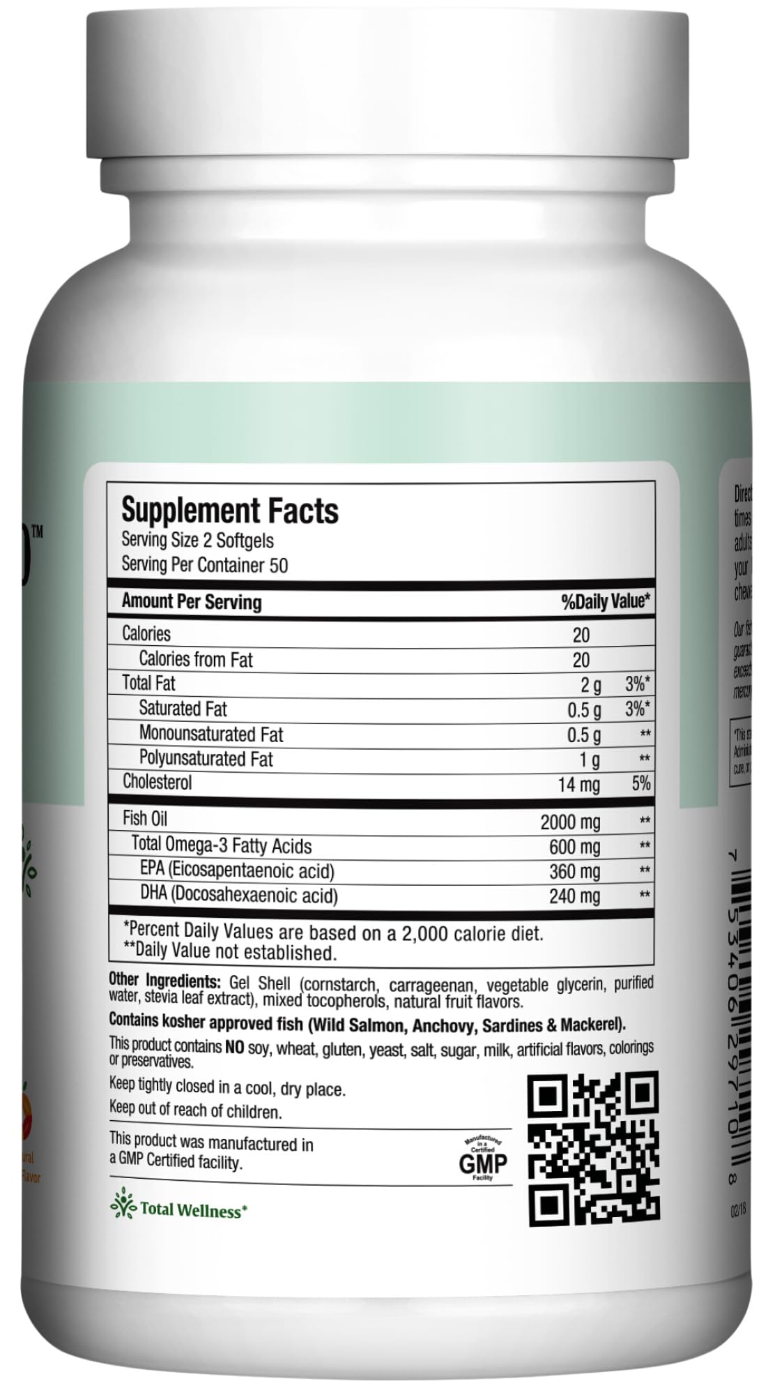 Label highlights EPA and DHA per serving for heart and brain support.