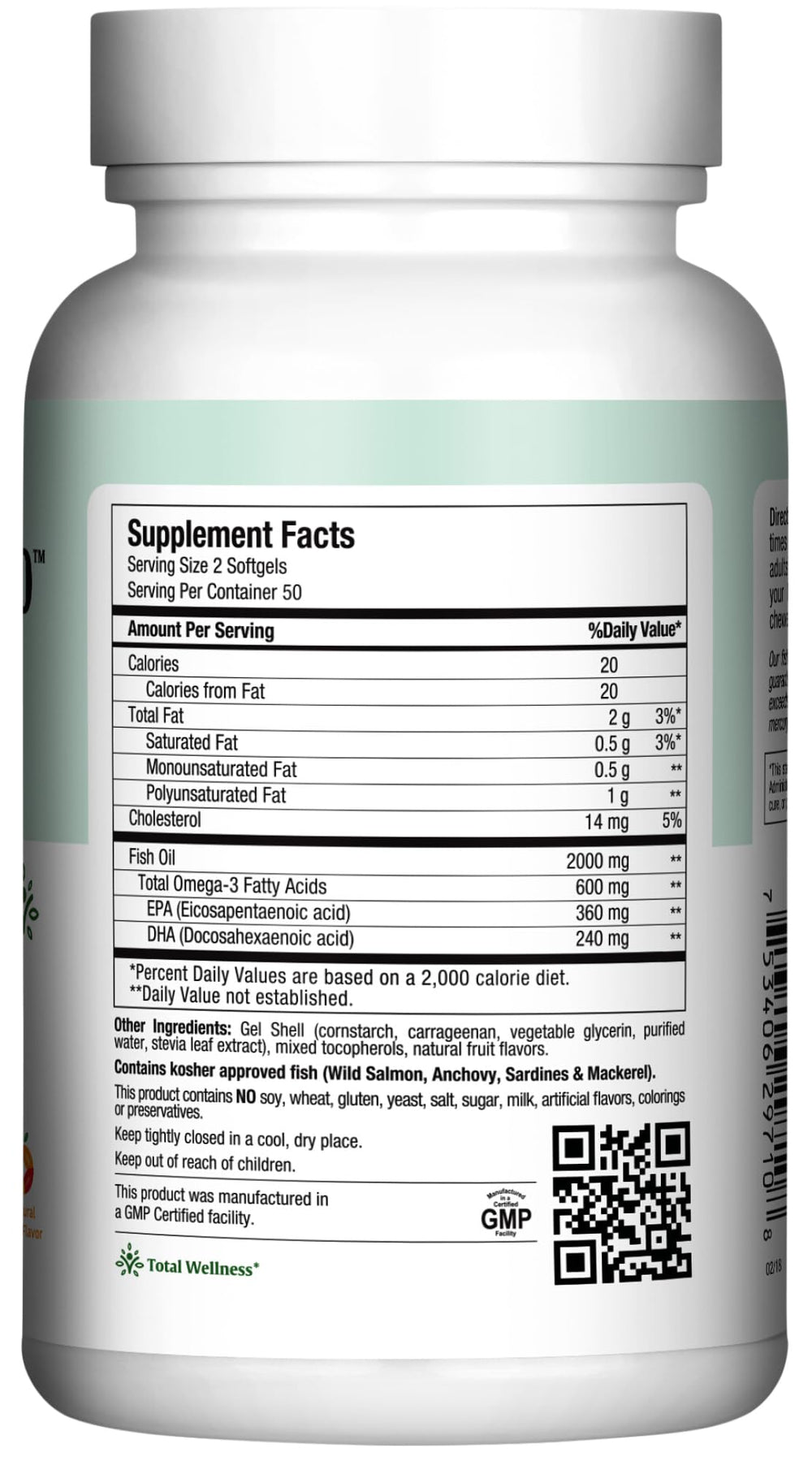 Label highlights EPA and DHA per serving for heart and brain support.
