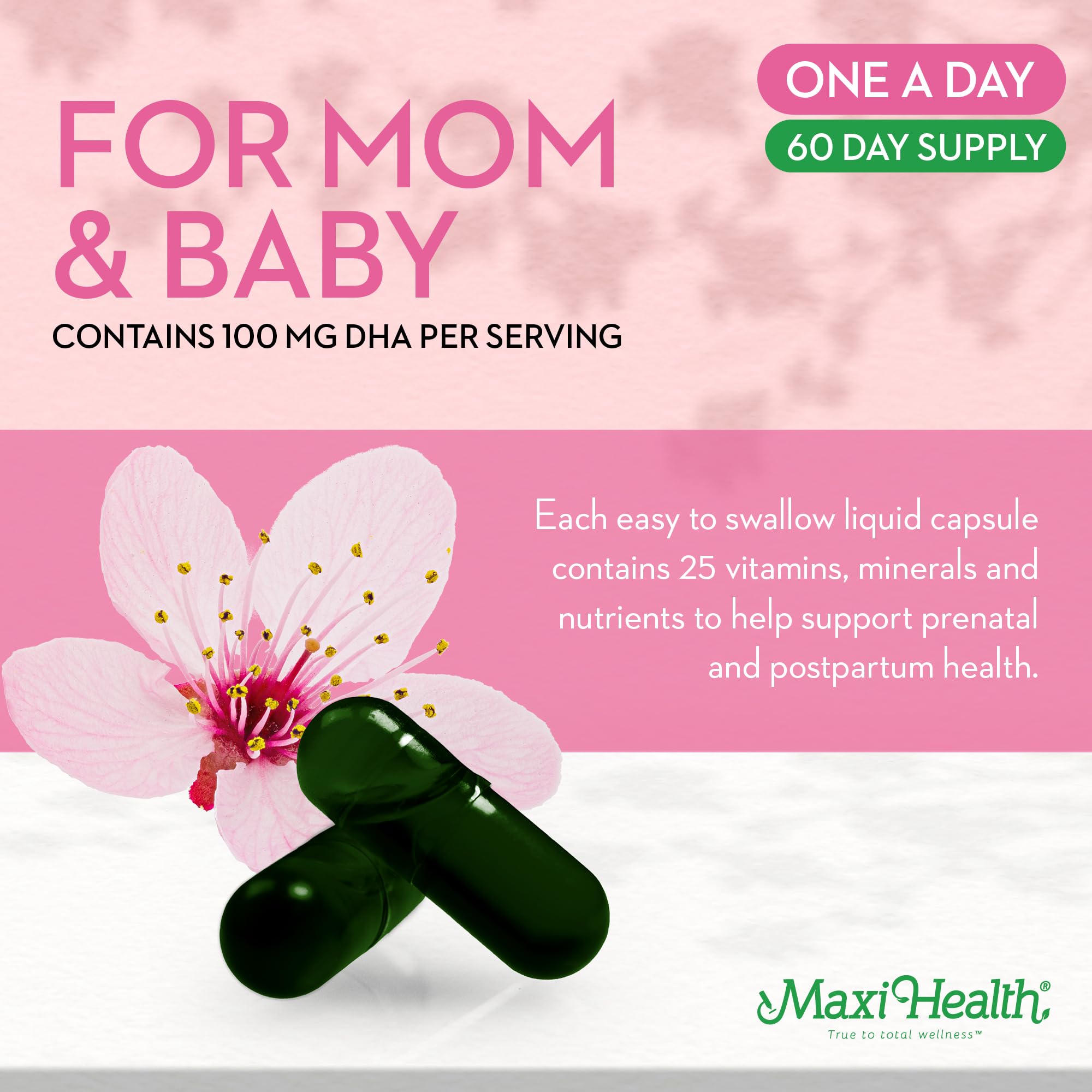 Gluten-free and non-GMO icon beside Maxi Health prenatal supplement