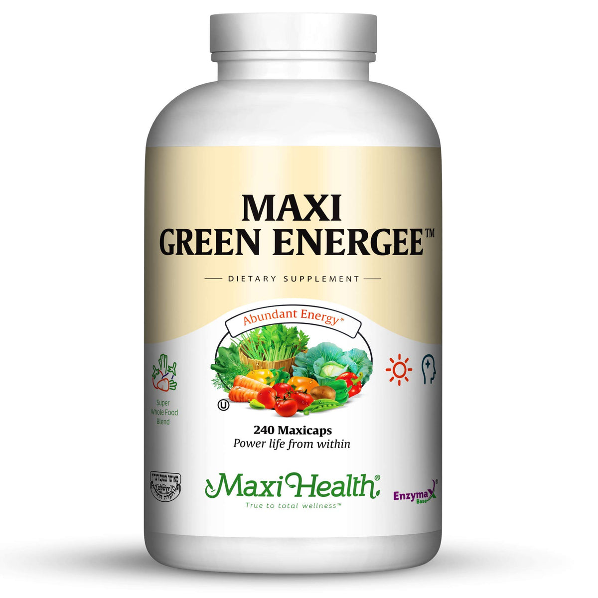 Maxi Health Green Energee bottle front shows kosher-certified supplement for daily nutrition.